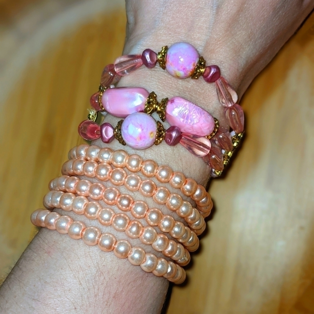 Pink Stone & Bead Bracelets Set